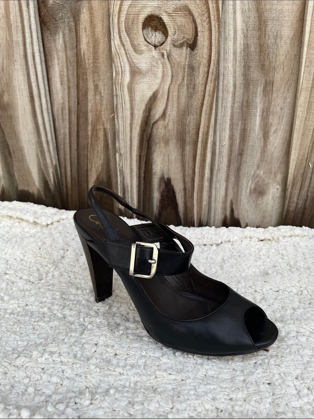 Cole Haan Black Leather Peep-Toe Slingback Heel